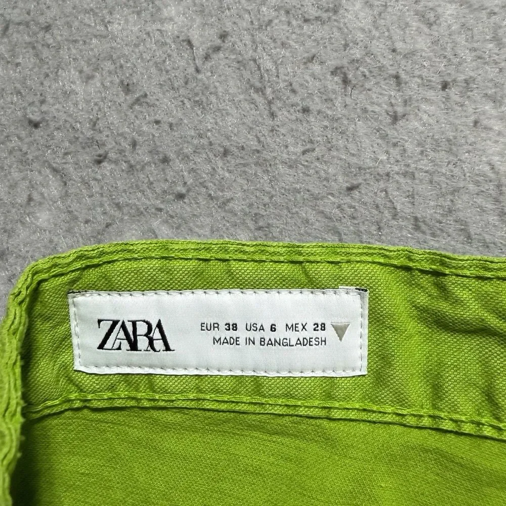 Zara Pants Women’s Size 6 Lime Green Mid-Rise Full Length Wide Leg Linen Blend